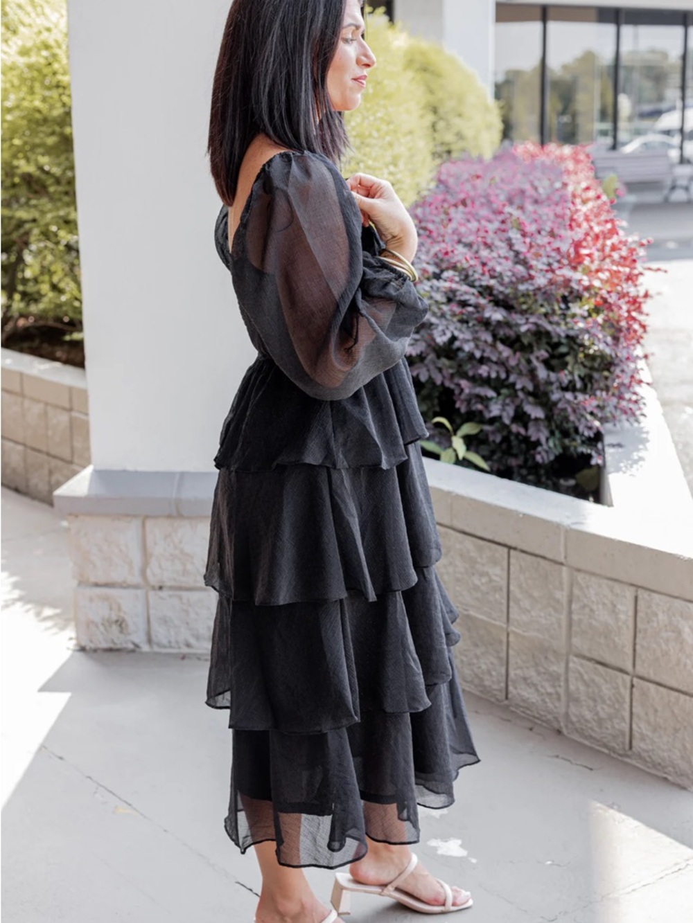 Blu Pepper | S | Black Tiered Long Sleeve Midi Dress - Picture 2 of 4